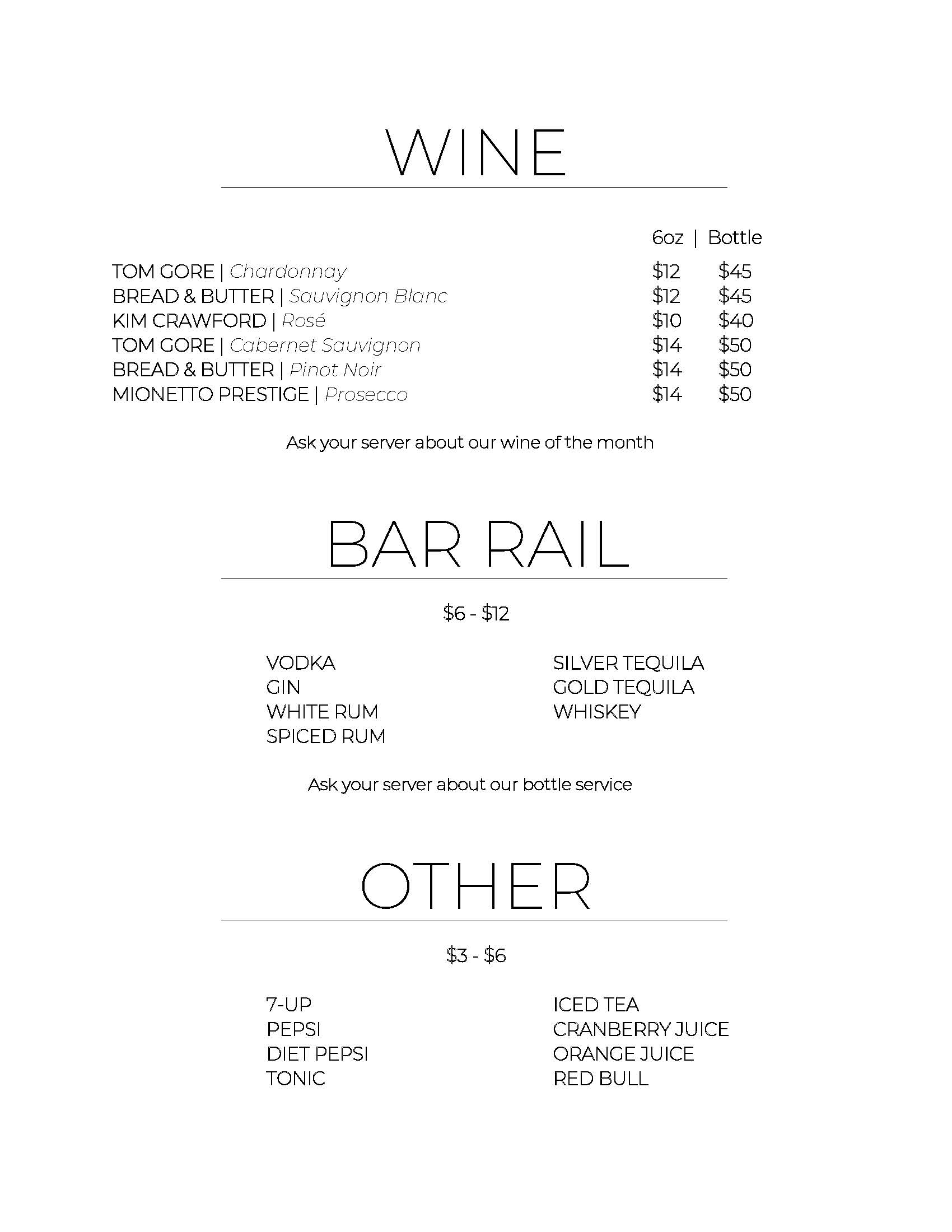 UpLounge Wine, bar rail and non-alcoholic menu
